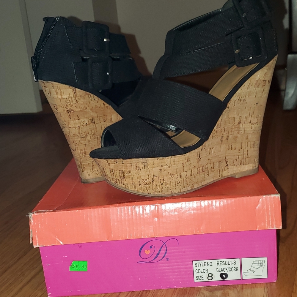 Black sandal wedges, size 8